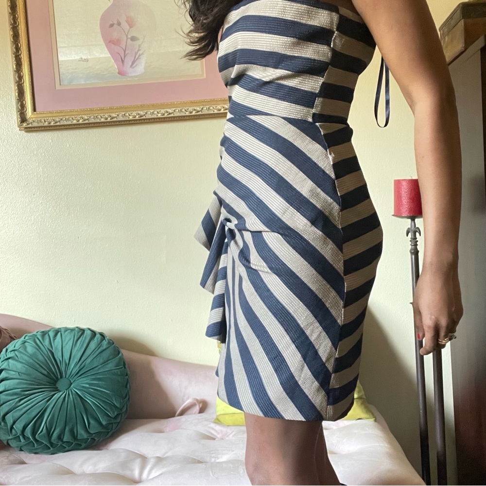 Blue + Beige Striped + Ruffled Bodycon Mini - Picture 3 of 8